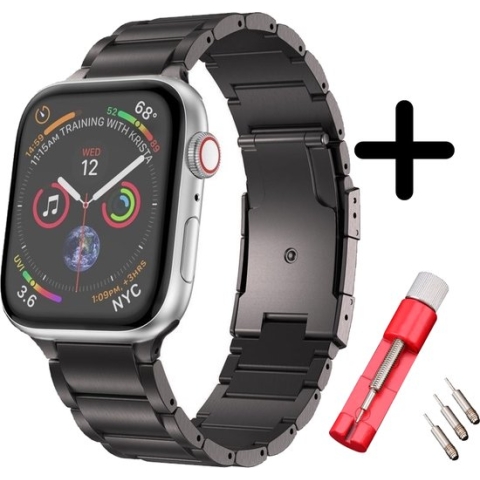 Strap-it Luxe Apple Watch bandje - Staal Titanium RVS stainless steel - geschikt voor iWatch serie bandjes 1/2/3/4/5/6/7/8/SE/Ultra met maat 42 44 45 49mm - vlinder sluiting - incl. horlogeband schakel inkorter - Grijs