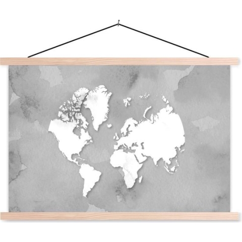 Posterhanger incl. Poster - Schoolplaat - Ronde en witte wereldkaart op een grijze achtergrond - zwart wit - 150x100 cm - Blanke latten