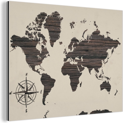 Wanddecoratie Metaal - Aluminium Schilderij Industrieel - Wereldkaart - Hout - Vintage - 160x120 cm - Dibond - Foto op aluminium - Industriële muurdecoratie - Voor de woonkamer/slaapkamer