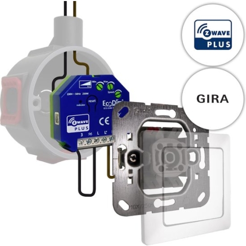 Gira led tastdimmer Z-Wave 0-250W, inbouw, kleine inbouwdiepte, 2-draads en 3-draads, ECO-DIM.10 + Gira pulsdrukker