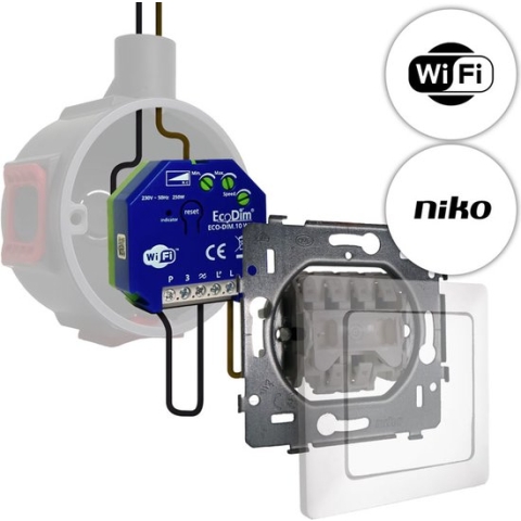 Niko led tastdimmer WiFi 0-200W, inbouw, kleine inbouwdiepte, 2-draads en 3-draads, ECO-DIM.10 + Niko pulsdrukker