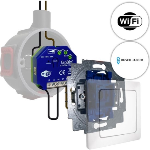 Busch-Jaeger led tastdimmer WiFi 0-200W, inbouw, kleine inbouwdiepte, 2-draads en 3-draads, ECO-DIM.10 + Busch-Jaeger pulsdrukker