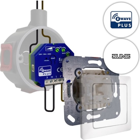 JUNG led tastdimmer Z-Wave 0-250W, inbouw, kleine inbouwdiepte, 2-draads en 3-draads, ECO-DIM.10 + JUNG pulsdrukker