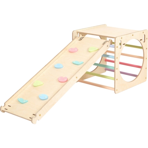 KateHaa Houten Activiteiten Kubus met Klimwand Pastel - Klimrek - Houten Montessori Speelgoed
