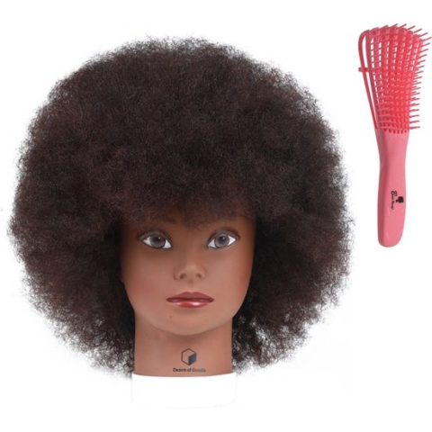 Desire of Goods Afro oefenhoofd kappershoofd - Donkerbruin haar - met anti klit haarborstel - Echt haar - tafelklem - 30 cm