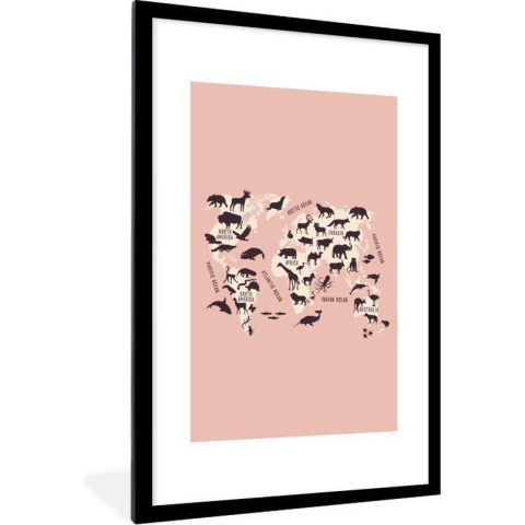 Fotolijst incl. Poster - Wereldkaart - Dieren - Silhouet - 60x90 cm - Posterlijst