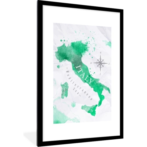 Fotolijst incl. Poster - Wereldkaart - Waterverf - Groen - 60x90 cm - Posterlijst