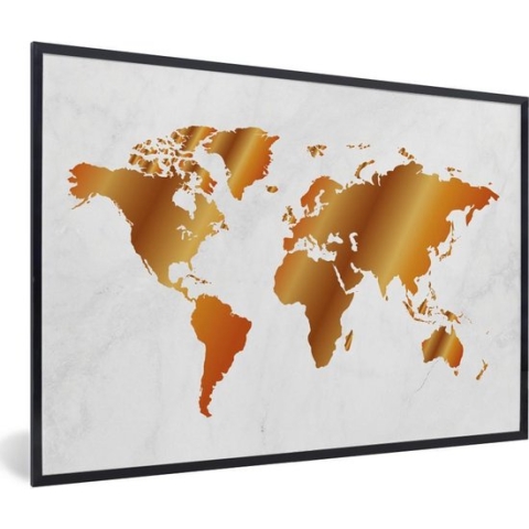 Fotolijst incl. Poster - Wereldkaart - Marmer - Goud - 90x60 cm - Posterlijst