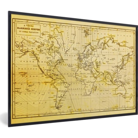 Fotolijst incl. Poster - Wereldkaart - Vintage - Geel - 90x60 cm - Posterlijst
