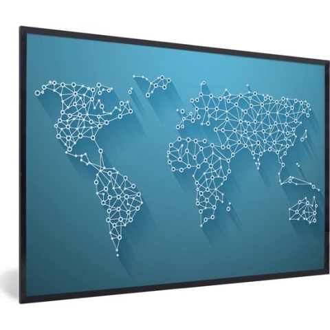 Fotolijst incl. Poster - Wereldkaart - Lijnen - Blauw - 90x60 cm - Posterlijst