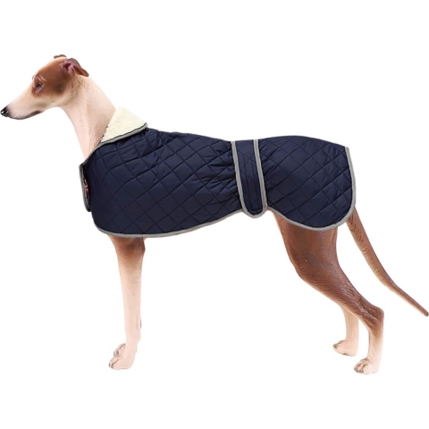 Grijze hondenjas voor de winter, hondenjas met dikke gewatteerde voering, verstelbare buitenjas voor honden met harnasopening voor middelgrote en grote windhonden zoals Whippet, Lurcher en Saluki - Blauw-S.