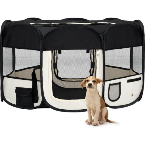 The Living Store Inklapbare Hondenren - 145x145x61 cm - Lichtgewicht en stevig - Gaasdak en zijnetten - Zwart en crème - Polyester en staal - Inclusief draagtas