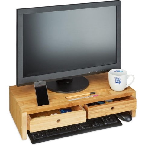 Relaxdays Monitor standaard - bamboe - monitor verhoger - 2 opberglades - vakken - natuur