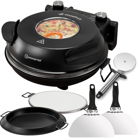 Sommertal PizzaProfi Elektrische Pizzaoven - Pizzaoven met 39cm of 32cm Steenplaat, Snelle 3-Minuten Pizza, tot 400°C - 5-delige set met Paninzet, 2x Pizzaschuiver, Snijder, Pizzasteen