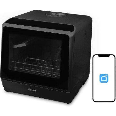 Ventux® Mini Vaatwasser Incl. App – Afwasmachine – 5 Programma’s – 900 Watt – 42,5 x 42,8 x 45,8 cm - Zwart