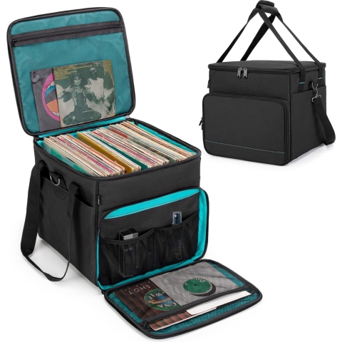 Vinyl Record Bag with Padded Wooden Base Album Storage Case with 2 Removable Dividers Holds up to 60 Vinyl Records Travel and Collection Patented Design (Bag Only), black, briefcase