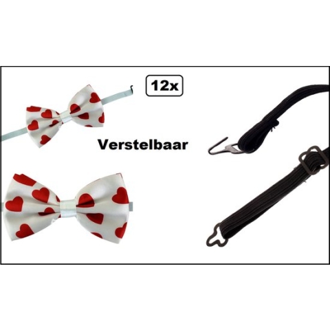 12x Luxe strik hartjesprint 13cm x 7 cm verstelbaar - hart hartje vlinder strik valentijn liefde carnaval optocht thema feest kerst gala huwelijk