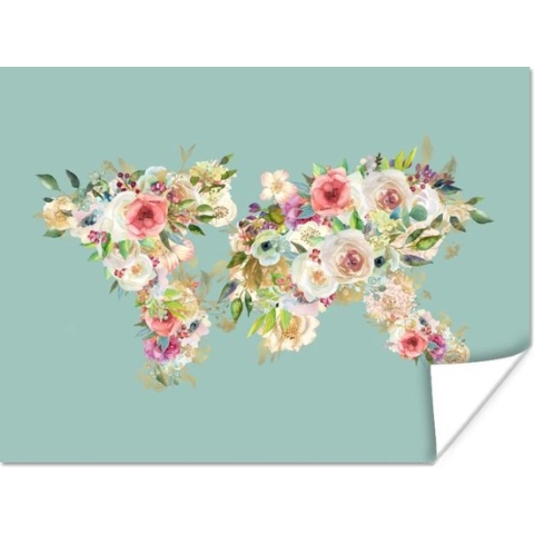 Poster Wereldkaart - Bloemen - Pastel - 160x120 cm XXL