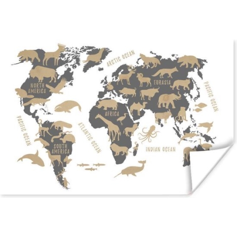 Poster Wereldkaart - Grijs - Dieren - 180x120 cm XXL
