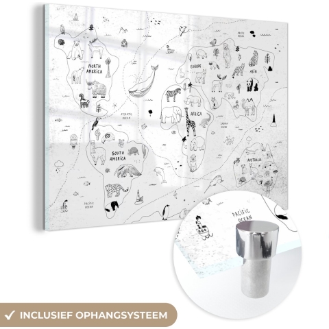 MuchoWow® Glasschilderij - Wereldkaart - Kinderen - Wit - Zwart - 180x120 cm - Acrylglas Schilderijen - Foto op Glas