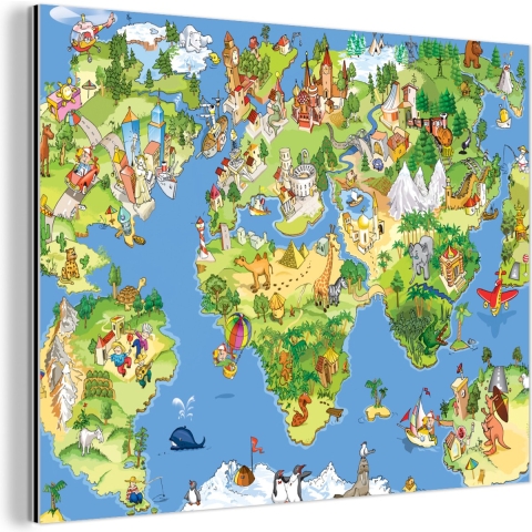 Wanddecoratie Metaal - Aluminium Schilderij Industrieel - Wereldkaart - Kinderen - Natuur - Dieren - Blauw - Groen - 160x120 cm - Dibond - Foto op aluminium - Industriële muurdecoratie - Voor de woonkamer/slaapkamer