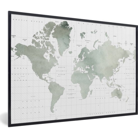 Fotolijst incl. Poster - Wereldkaart - Waterverf - Grijs - 90x60 cm - Posterlijst