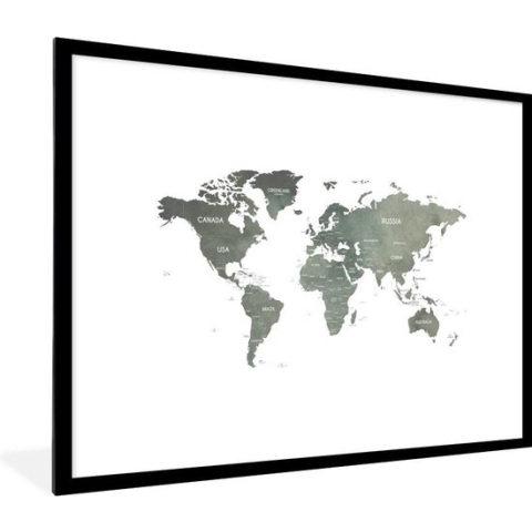 Fotolijst incl. Poster - Wereldkaart - Aardrijkskunde - Grijs - 80x60 cm - Posterlijst