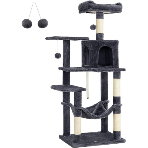Krabpaal, 143 Cm Hoog, Kattenboom, Meerlaagse Kattenhuis, Met 4 Krabzuilen, 2 Platforms, Hangmat, Grot, Rookgrijs