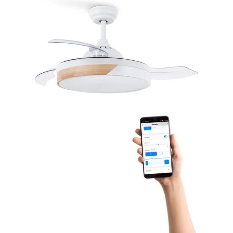 CREATE - WIND CLEAR - Stille 40W Plafondventilator Ø107 cm - Wit & Naturel hout - Met licht - Met WIFI