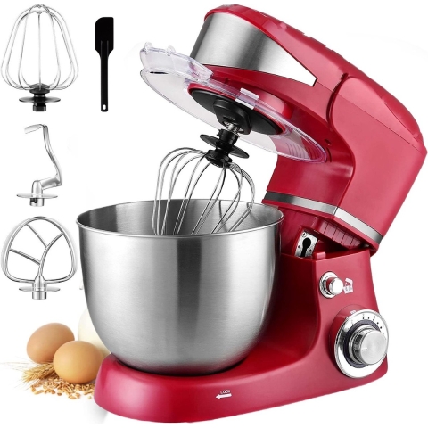 Royalty Line® PKM1600 Keukenmachine - Keukenrobot - 1600W - Keukenmixer Met 6 Snelheidsstanden - Met Spatscherm & RVS Mengkom 6 Liter - Rood