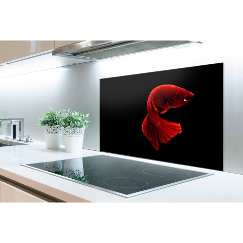 Spatscherm Keuken - Kookplaat Achterwand - Spatwand Fornuis - 90x60 cm - Vis - Zeedier - Staart - Rood - Aluminium - Wanddecoratie - Muurbeschermer - Hittebestendig