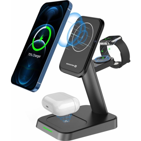 Swissten 3 in 1 Draadloze Oplader - Magnetische standaard - Geschikt voor Apple iPhone 12/13/14/15 modellen, Airpods en Apple Watch - Wireless charger - 22.5W - Zwart