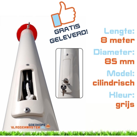 Onderhoudsvrije vlaggenmast anti-diefstal 8 meter aluminium cilindrisch 85 mm grijs geanodiseerd met cilinderslot en contra-gewicht - 8508a2 (zonder grondbevestiging)