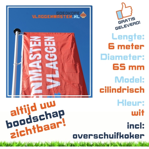 Vlaggenmast draaitop systeem met banieruithouder, 6 meter aluminium cilindrisch 65 mm wit gecoat compleet knop, geleidingsringen, contragewicht en overschuifkoker - 6506w3b