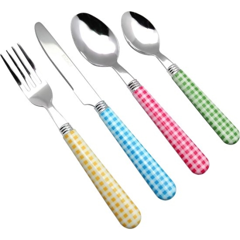 Bestekset 24 stuks roestvrij staal met Gingham Check gekleurde handgrepen - 6 x vorken, 6 x dinermessen, 6 x tafellepels, 6 x theelepels (gemengde kleur x 24 stuks)