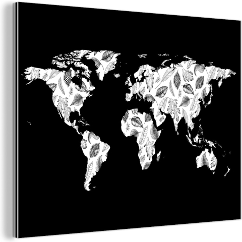 Wanddecoratie Metaal - Aluminium Schilderij Industrieel - Wereldkaart - Planten - Zwart - 120x90 cm - Dibond - Foto op aluminium - Industriële muurdecoratie - Voor de woonkamer/slaapkamer