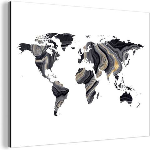 Wanddecoratie Metaal - Aluminium Schilderij Industrieel - Wereldkaart - Goud - Lijn - 120x90 cm - Dibond - Foto op aluminium - Industriële muurdecoratie - Voor de woonkamer/slaapkamer