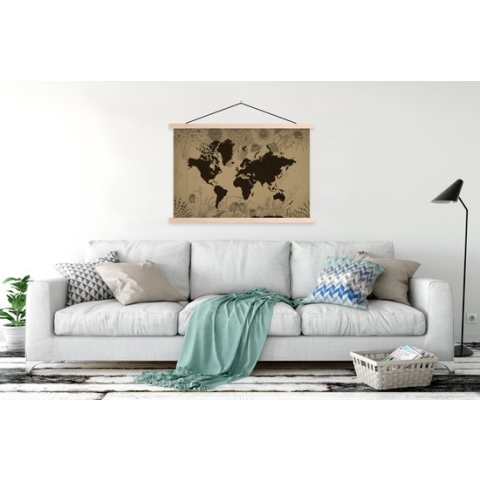 Posterhanger incl. Poster - Schoolplaat - Wereldkaart - Vintage - Zwart - 150x100 cm - Blanke latten