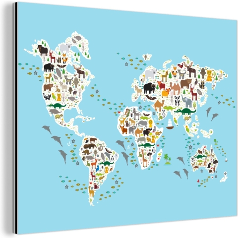 Wanddecoratie Metaal - Aluminium Schilderij Industrieel - Wereldkaart kinderen - Dieren - Kleuren - 120x90 cm - Dibond - Foto op aluminium - Industriële muurdecoratie - Voor de woonkamer/slaapkamer