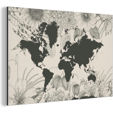 Wanddecoratie Metaal - Aluminium Schilderij Industrieel - Wereldkaart - Bloemen - Grijs - 180x120 cm - Dibond - Foto op aluminium - Industriële muurdecoratie - Voor de woonkamer/slaapkamer