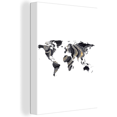 Wanddecoratie Wereldkaart - Verf - Zwart - Canvas - 90x120 cm