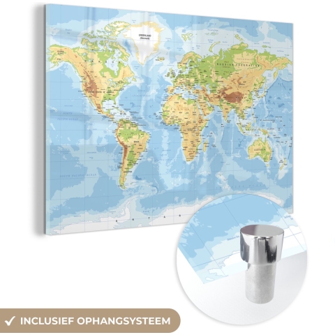MuchoWow® Glasschilderij - Wereldkaart - Aardrijkskunde - Atlas - 180x120 cm - Acrylglas Schilderijen - Foto op Glas