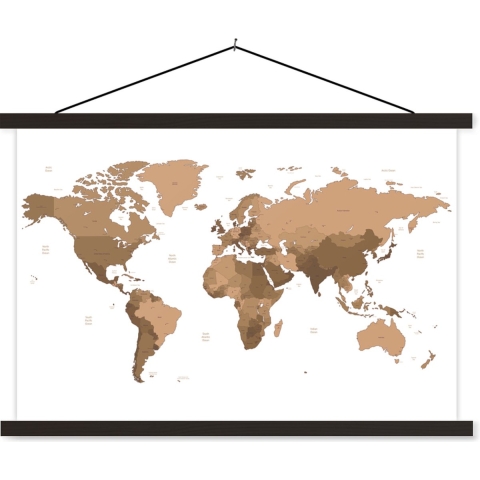 Posterhanger incl. Poster - Schoolplaat - Wereldkaart - Bruin - Topografie - 150x100 cm - Zwarte latten