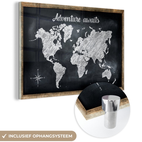 MuchoWow® Glasschilderij - Wereldkaart - Krijtbord - Wit - 180x120 cm - Acrylglas Schilderijen - Foto op Glas