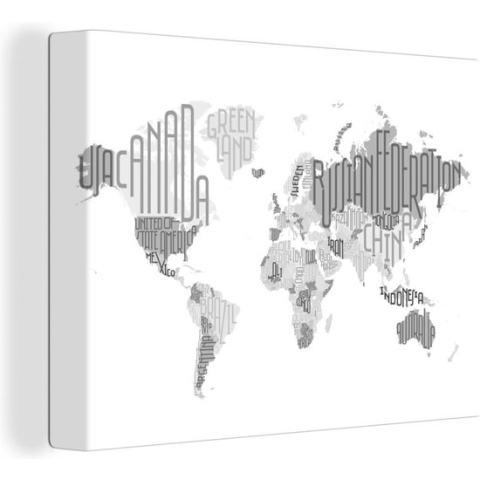 Canvas Wereldkaart - 120x90 - Wanddecoratie Wereldkaart - Letters - Grijs
