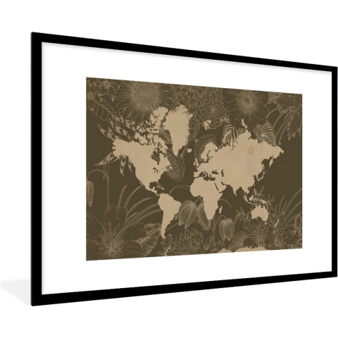 Fotolijst incl. Poster - Wereldkaart - Bloemen - Bruin - 120x80 cm - Posterlijst