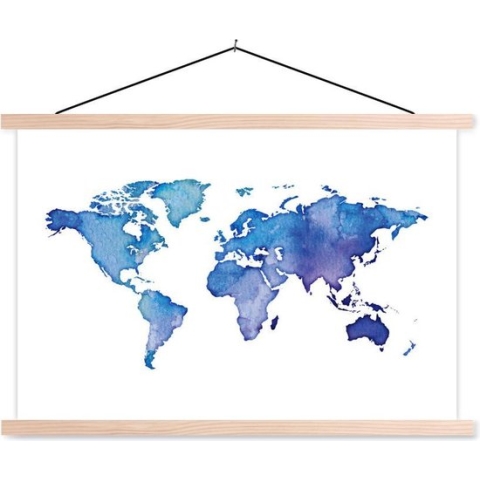 Posterhanger incl. Poster - Schoolplaat - Wereldkaart - Waterverf - Blauw - 150x100 cm - Blanke latten