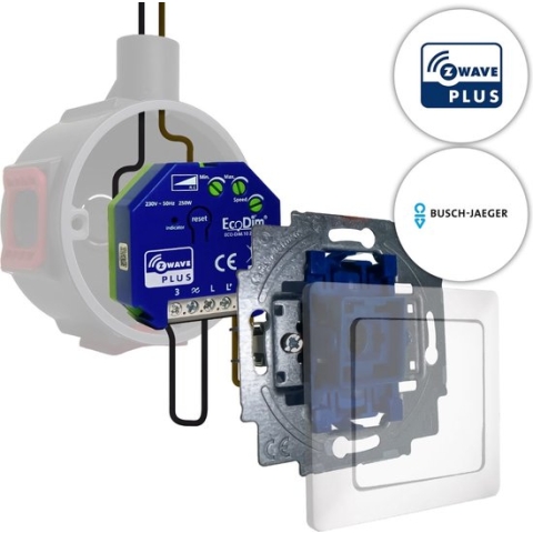 Busch-Jaeger led tastdimmer Z-Wave 0-250W, inbouw, kleine inbouwdiepte, 2-draads en 3-draads, ECO-DIM.10 + Busch-Jaeger pulsdrukker