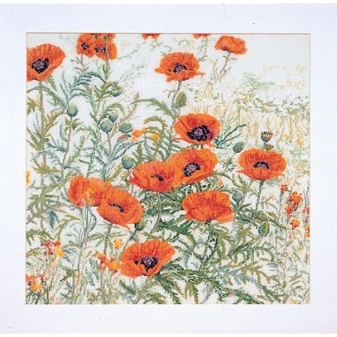 Thea Gouverneur - Borduurpakket met telpatroon - 2062 - Voorgesorteerde DMC Garens - Oranje Klaprozen - Linnen - 45 cm x 47 cm - DIY Kit