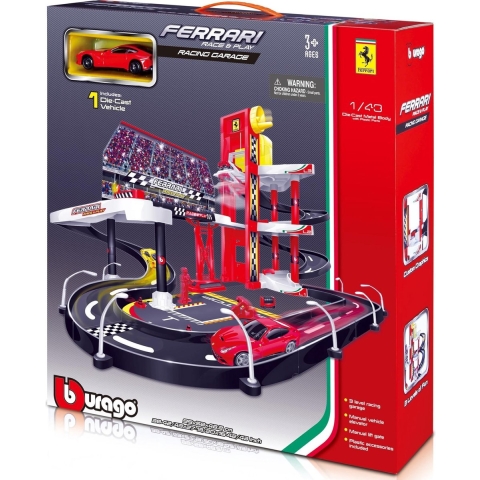 Race & Play garage speelset met 3 verdiepingen + 1 Ferrari F12 1:43 rood